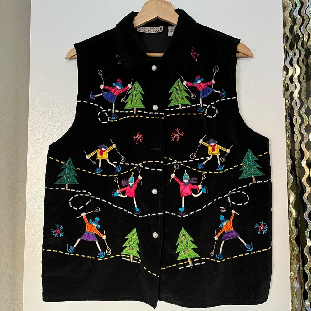 Vintage Black Embroidered Vest with Colorful Skiing people 100% cotton